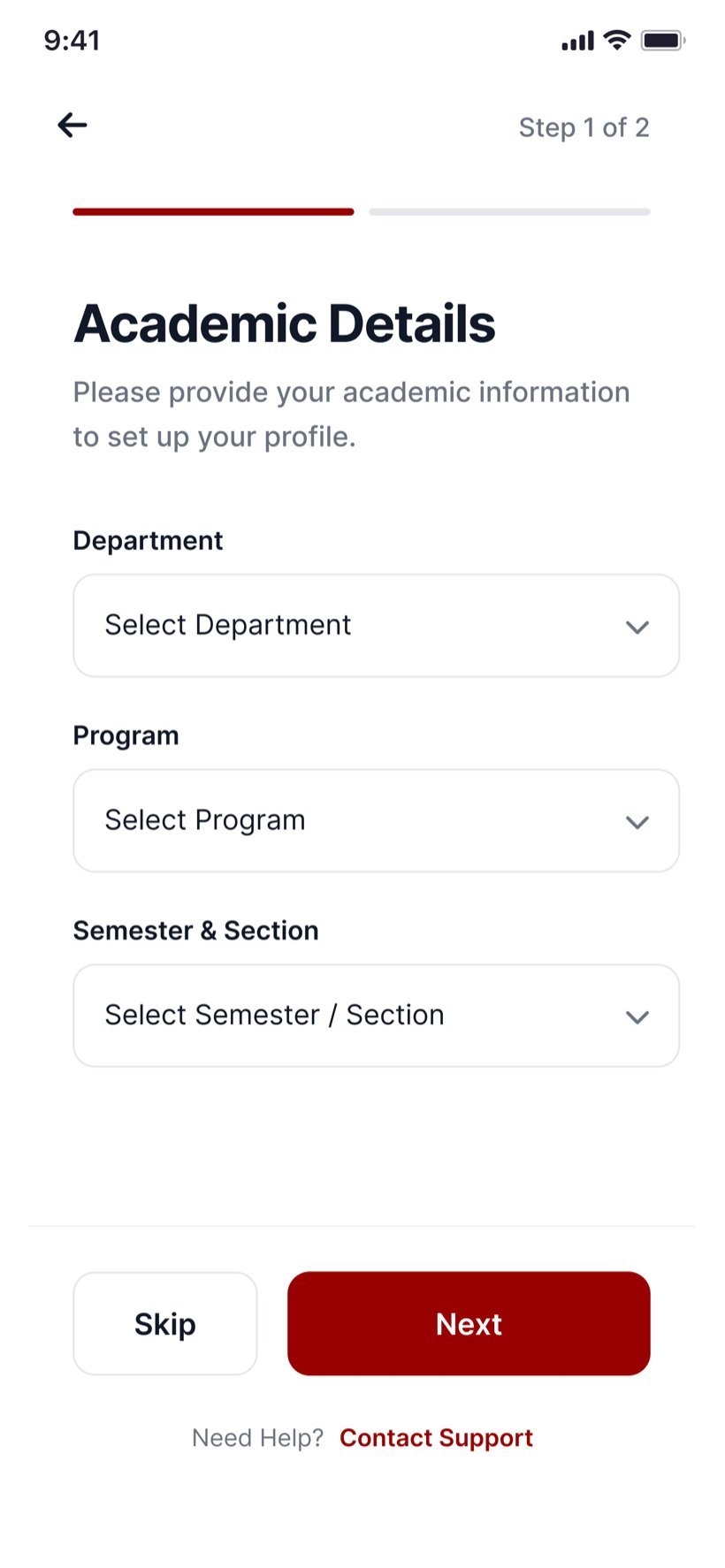 Step one of profile setup: department, program, and semester and section.