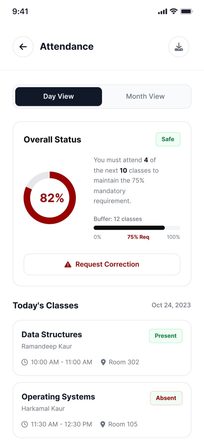 Attendance screen with an 82% ring marked Safe, a note that 4 of the next 10 classes keep attendance at 75%, and today’s classes marked present, absent or not marked.