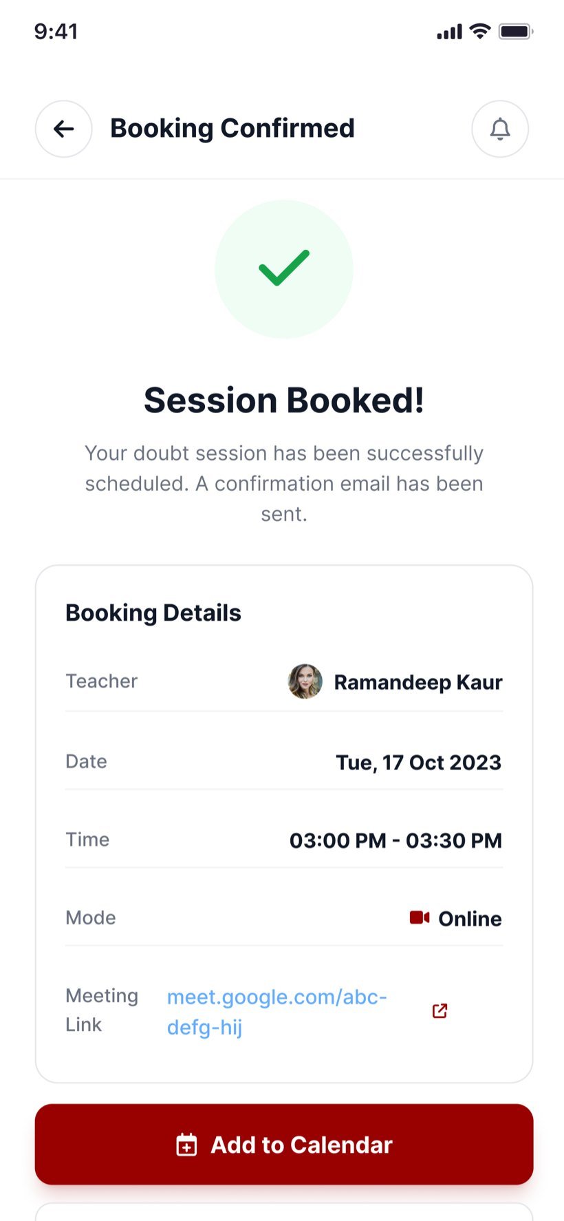 Booking confirmed screen with the booking details and buttons to add to calendar or go back to the dashboard.
