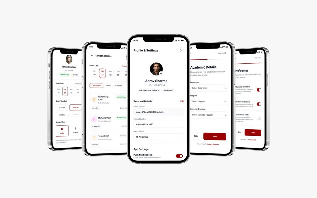 Five CampusOne app screens on phones: profile, doubt sessions, academic details, preferences and settings.