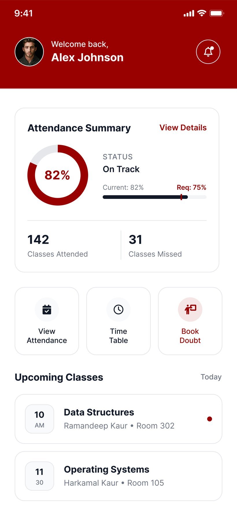 Dashboard with a welcome header, attendance summary at 82%, shortcuts, upcoming classes and pending syllabus.