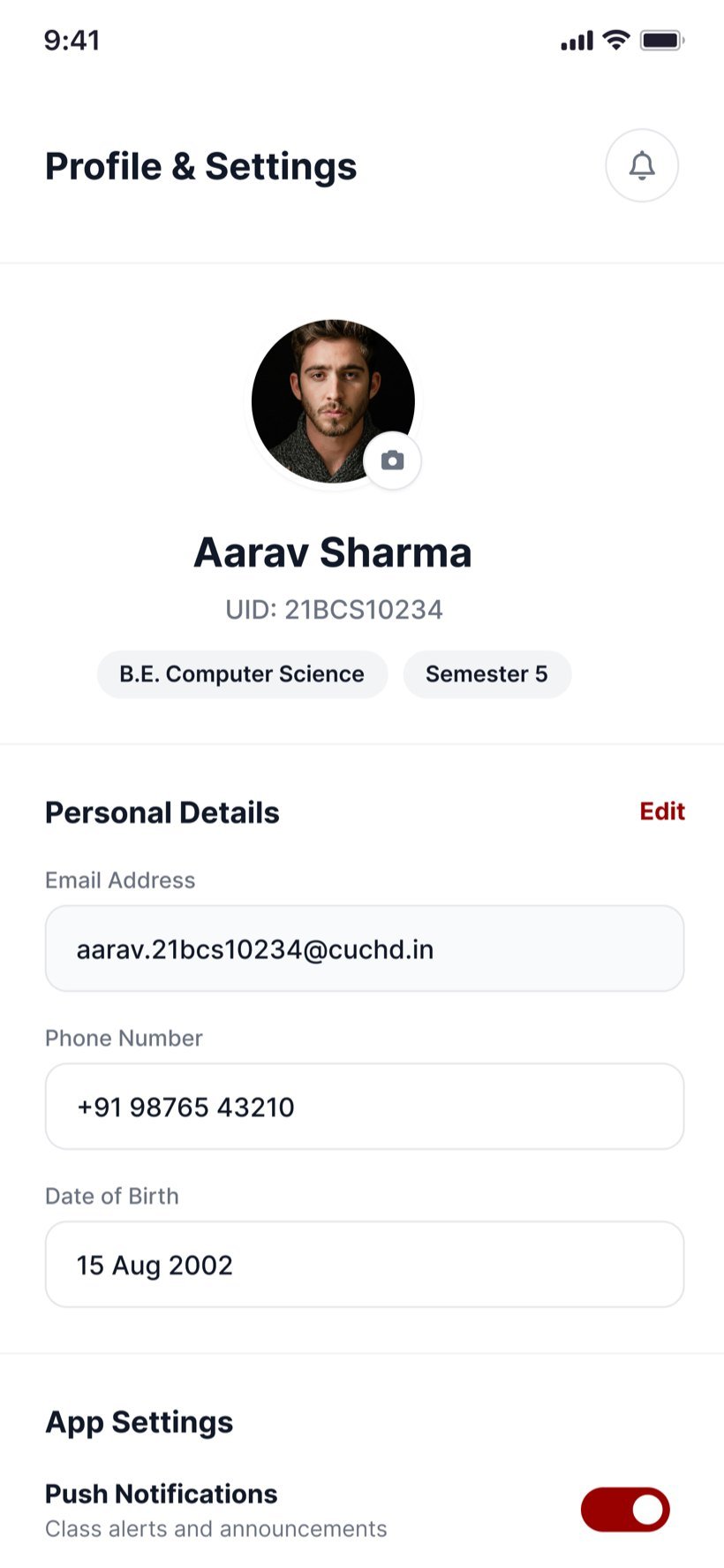 Profile and settings screen with personal details.