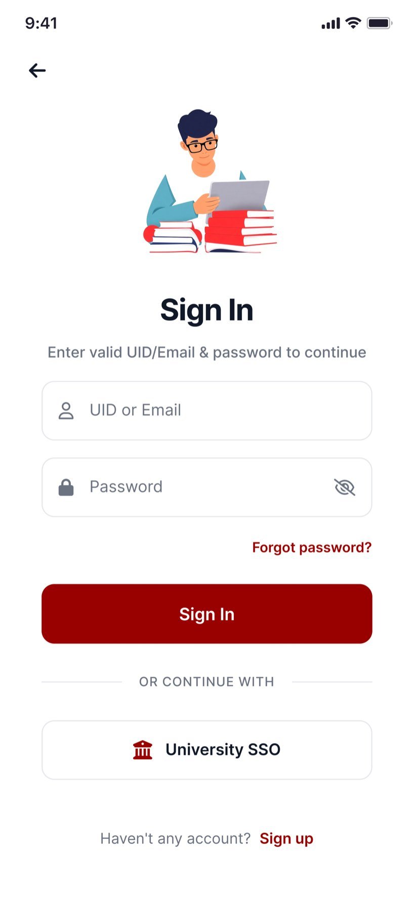 Sign-in screen asking for a UID or email and a password.