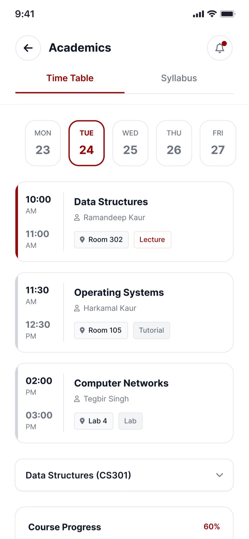 Academics screen with a week strip, timetable cards for data structures, operating systems and computer networks, and course progress.
