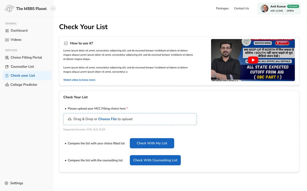 Check Your List with an upload area for the MCC filing choice file, and buttons to check with my list or with the counselling list.