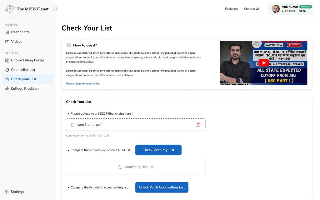The uploaded file listed with a delete button, and an analysing results state under the check with my list button.
