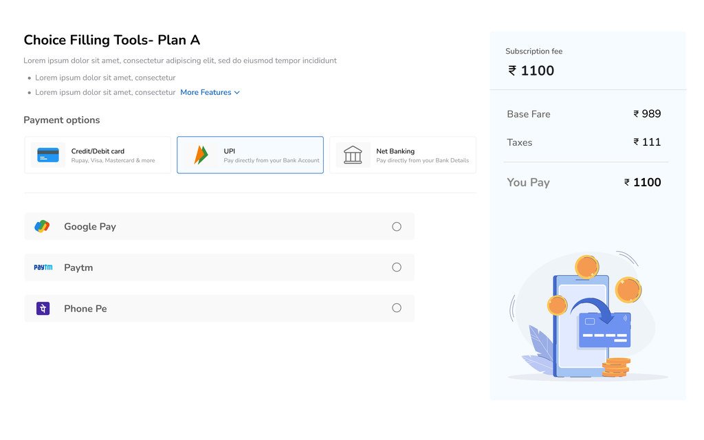 Checkout for Plan A with payment options, and a summary showing a base fare of 989 rupees, 111 rupees of taxes and 1100 rupees to pay.