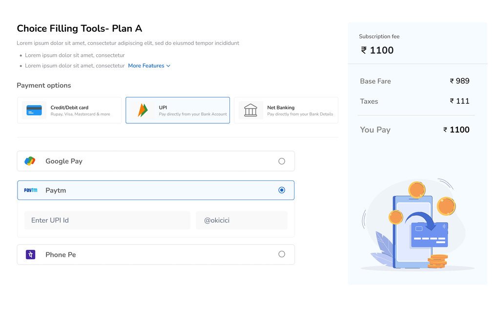 The checkout with UPI selected, showing Google Pay, Paytm and PhonePe and a field for a UPI id.