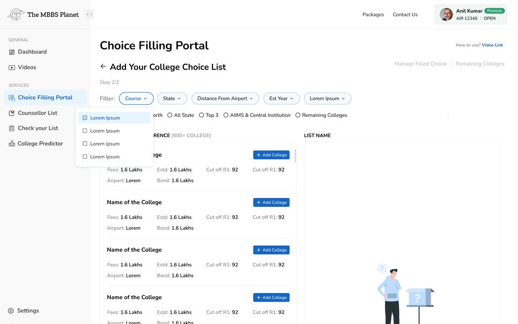 The Choice Filling Portal with filters for course, state, distance from airport and estimated year, a college list, and an empty personal list.