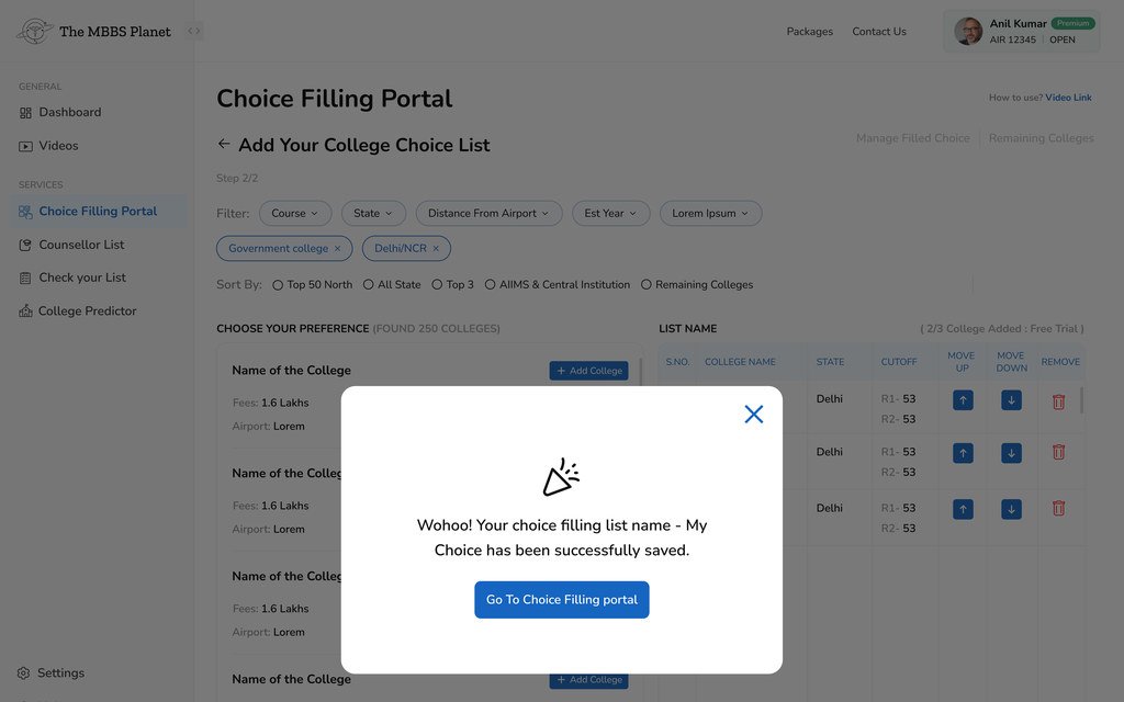 A confirmation dialog saying the choice filling list named My Choice has been saved successfully, with a button back to the portal.