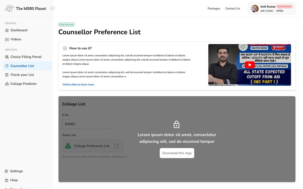 The counsellor preference list for a guest, greyed out behind a lock and a download the app prompt.