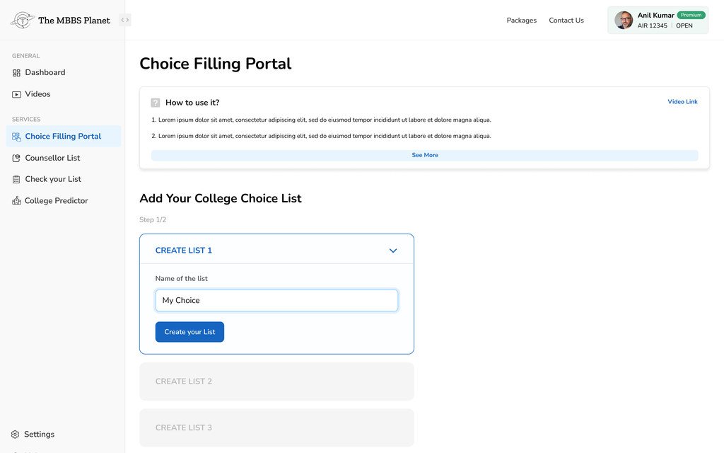 Creating a list, with a name field filled in as My Choice and a create your list button.