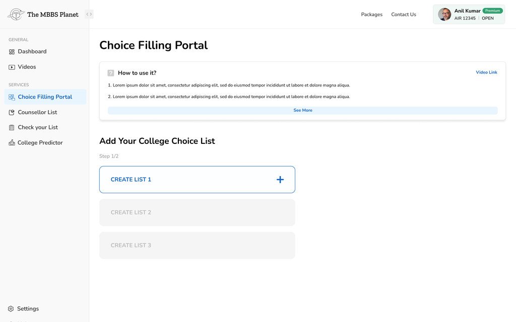 The Add Your College Choice List step with three list slots, the first ready to create and the other two waiting.