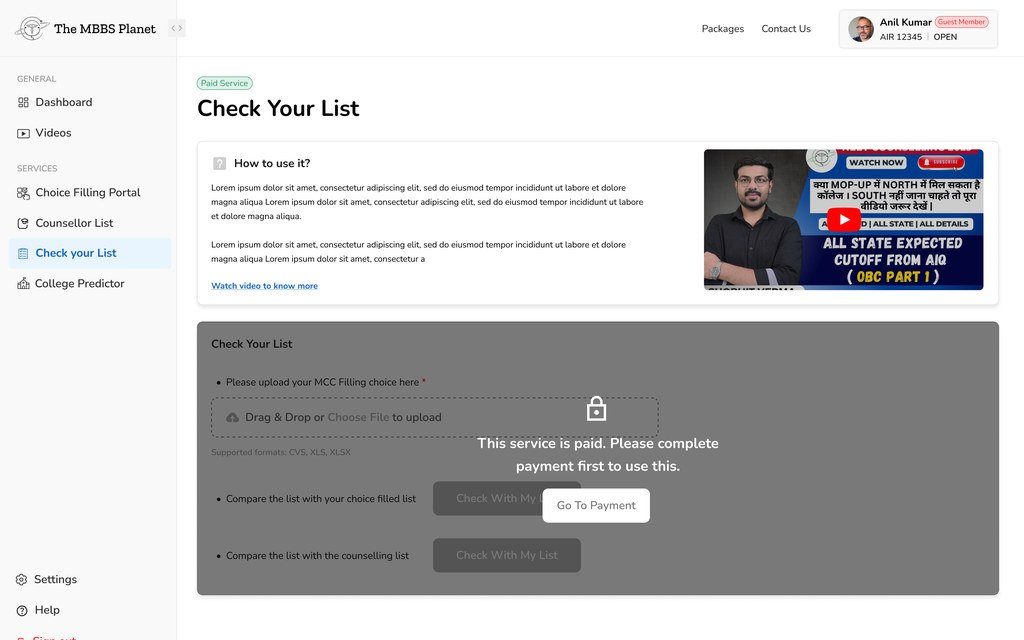 The Check Your List page for a guest, with the tool greyed out behind a message that the service is paid and a go to payment button.