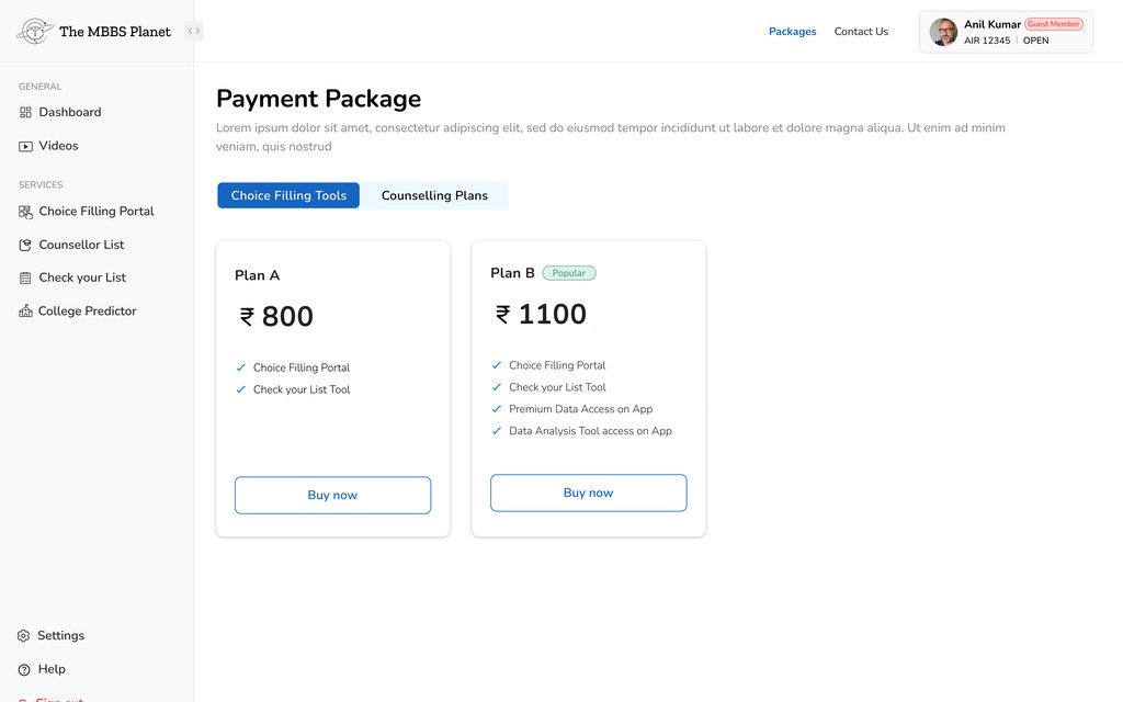 The payment package page with tabs for choice filling tools and counselling plans, and Plan A at 800 rupees beside Plan B at 1100 rupees marked popular.