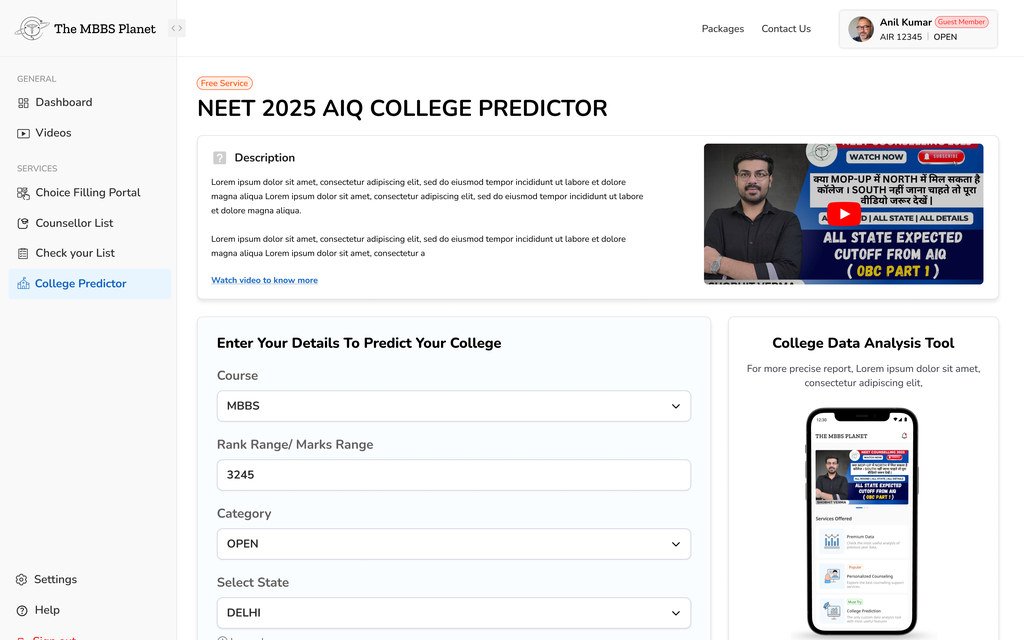 The College Predictor form filled in with MBBS, a rank of 3245, the open category and Delhi, with the predict button active.