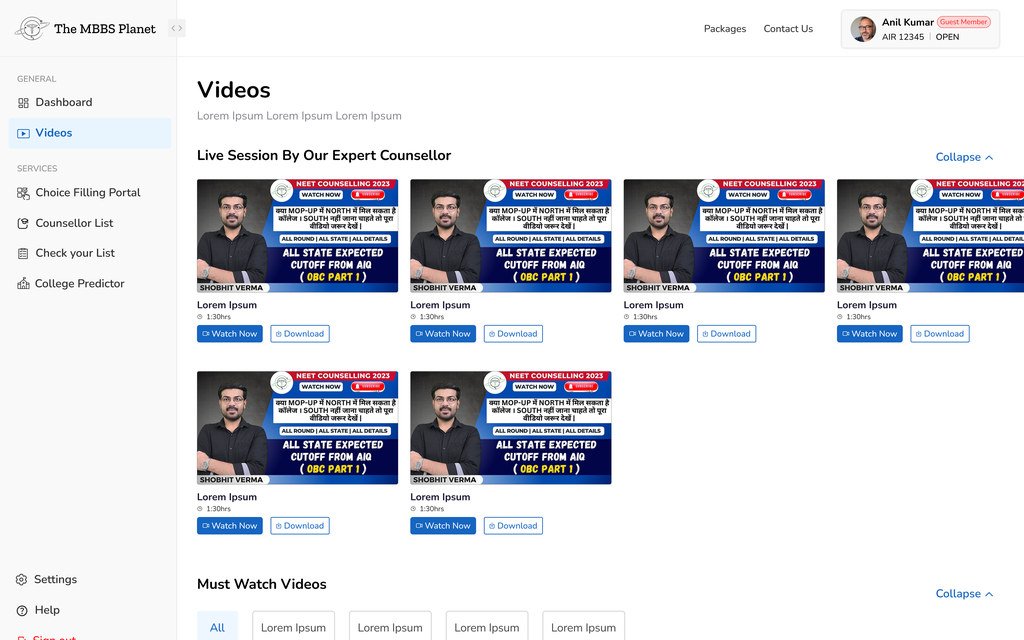 The videos library with live sessions by expert counsellors and a must-watch section, each video with watch and download buttons.