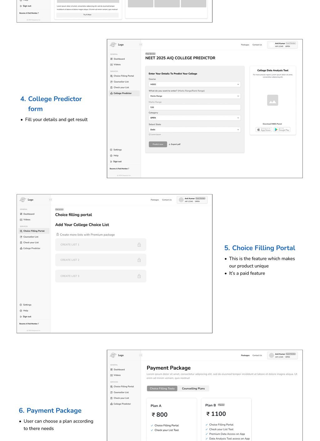 Design stage of the MedCompass case study: Wireframes · UI design