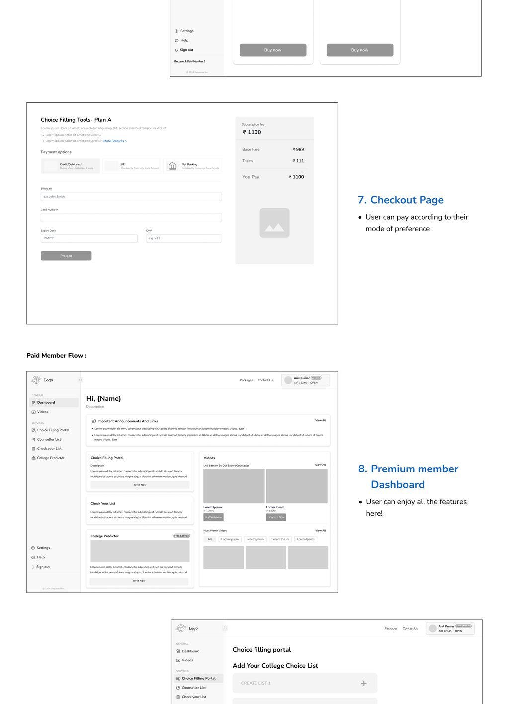 Annotated wireframes for the checkout page and the premium member dashboard.