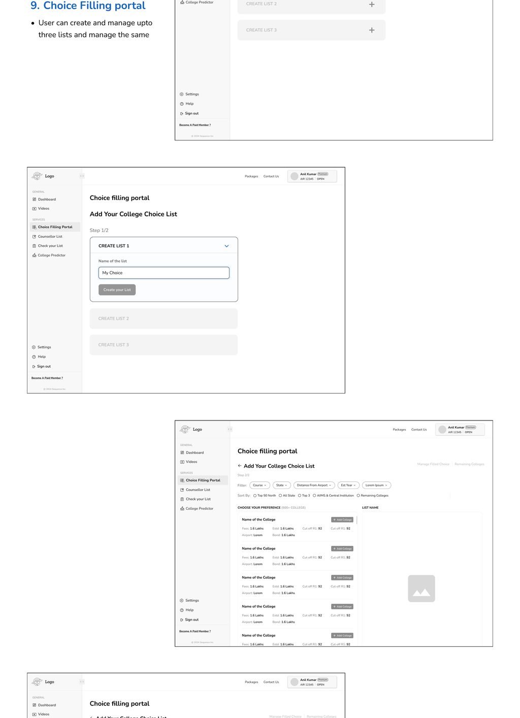 Annotated wireframes for the Choice Filling Portal, where members create and manage up to three college lists.