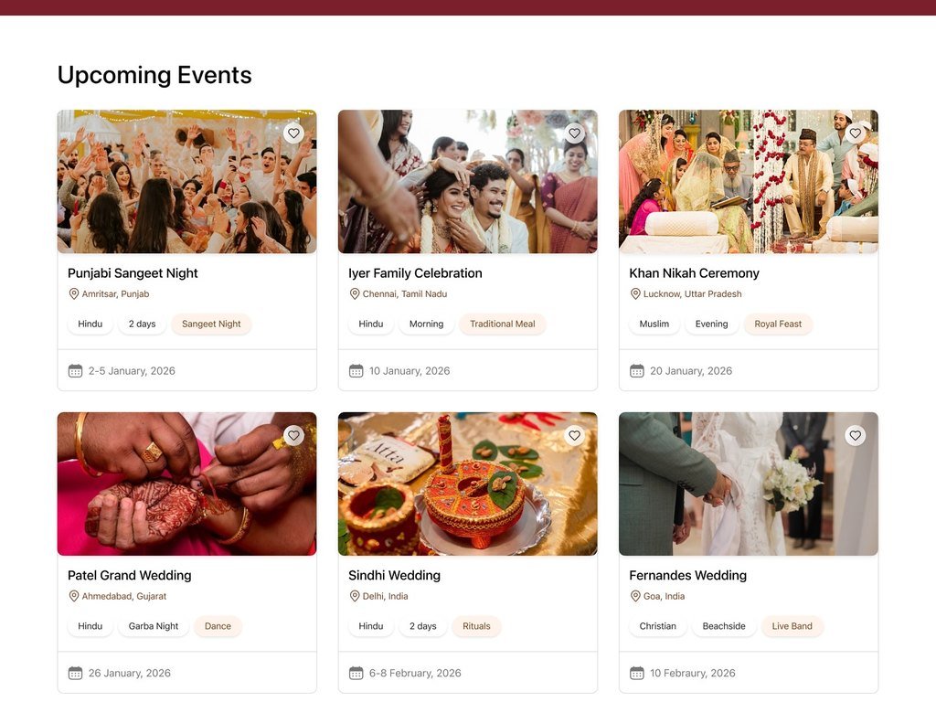 Browse page with a maroon header, a search bar for location, dates and guests, and a grid of upcoming wedding events.