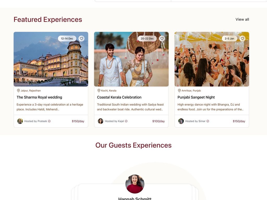 Featured experiences with three wedding cards showing location, description, host and price per day.