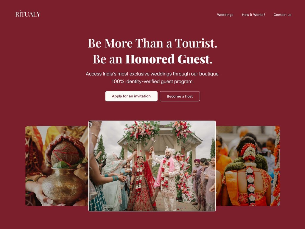 Home page with the headline “Be More Than a Tourist. Be an Honored Guest.” over a gallery of Indian wedding photographs.