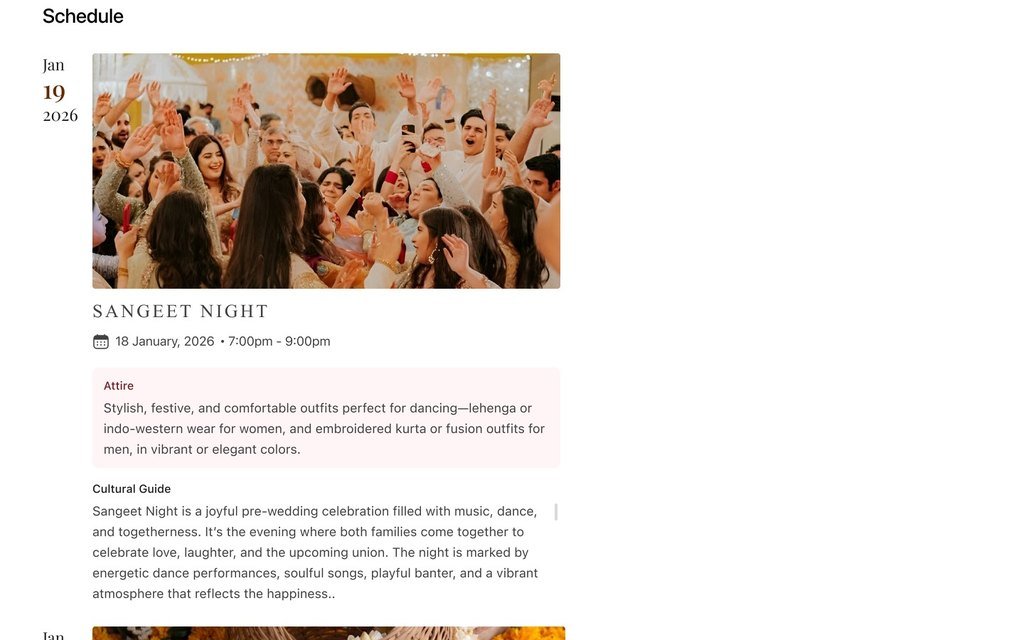 Schedule for 19 and 20 January with the sangeet night and haldi ceremony, each with a time, attire advice and a cultural guide.