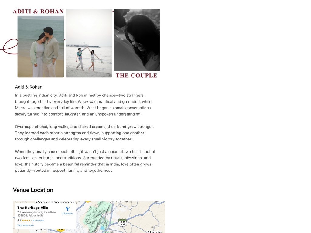 The couple’s story on a wedding page, with photographs of Aditi and Rohan and how they met.