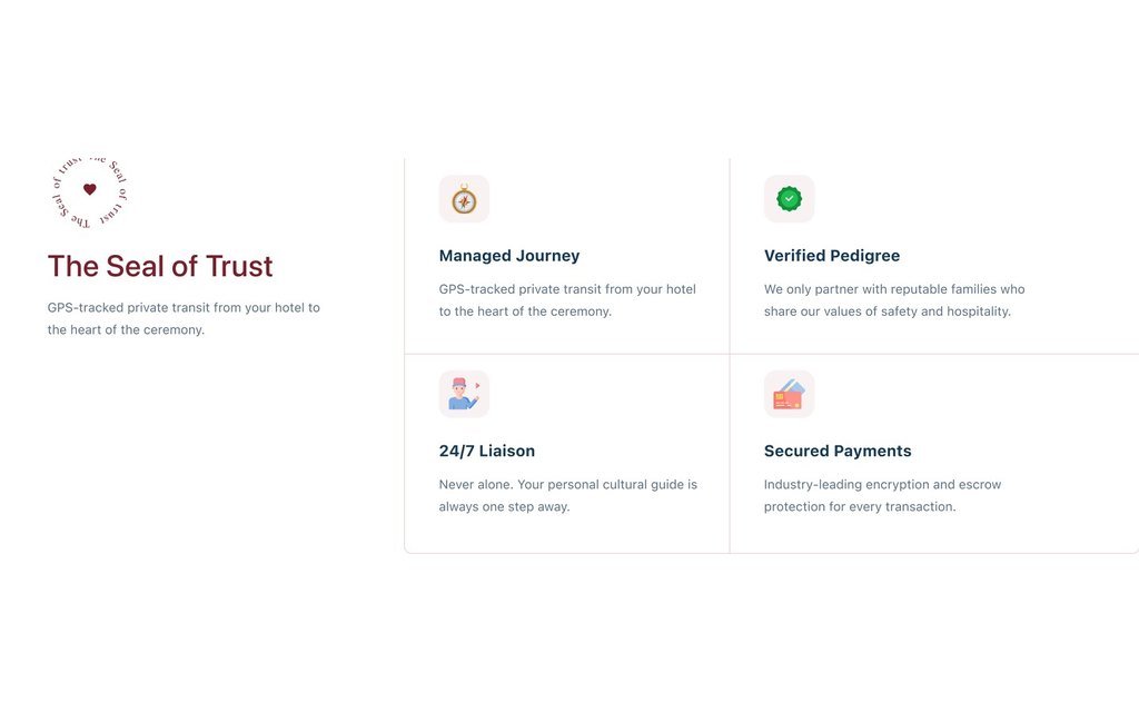 The Seal of Trust section with four cards: managed journey, verified pedigree, 24/7 liaison and secured payments.