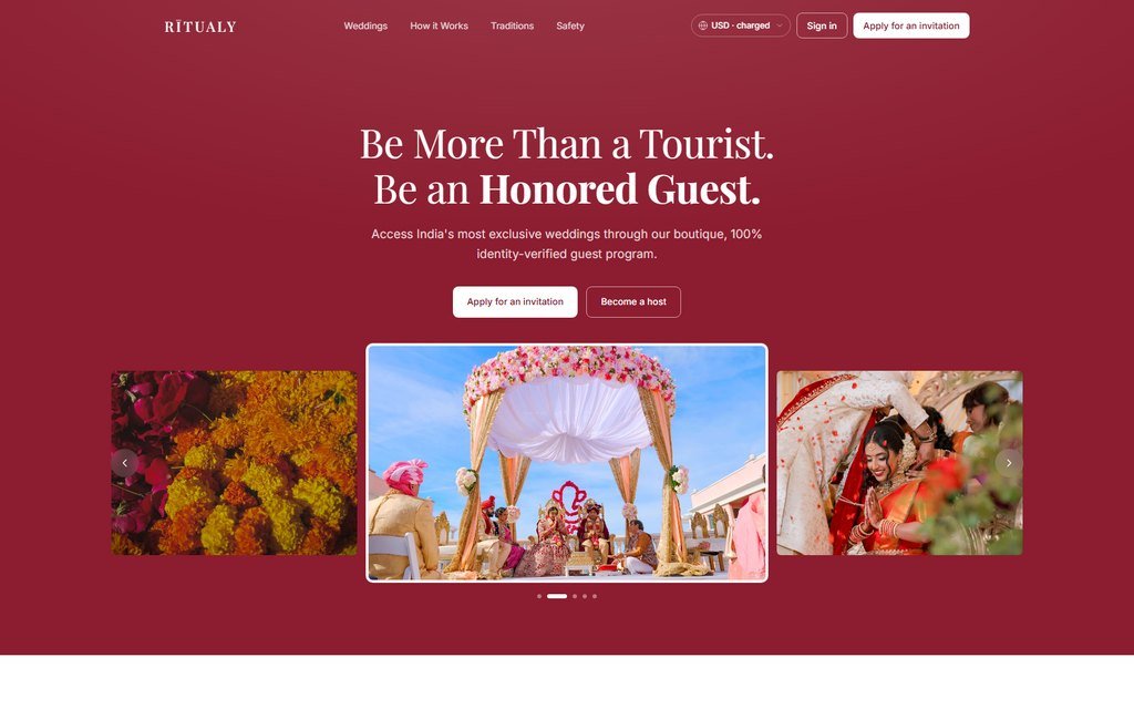 The Ritualy home page: “Be More Than a Tourist. Be an Honored Guest.” above a gallery of Indian wedding photographs.