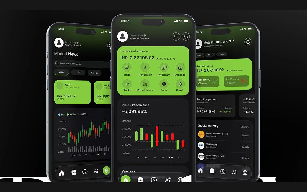 Three TradeX phone screens showing portfolio value, market news and mutual funds, above the TradeX wordmark.