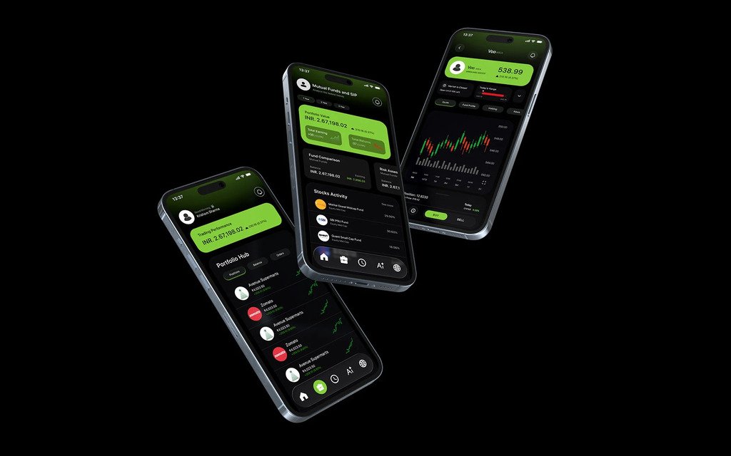 Three TradeX screens: a portfolio hub with holdings, mutual funds and SIP with fund comparison, and a stock page with a candlestick chart and buy and sell buttons.