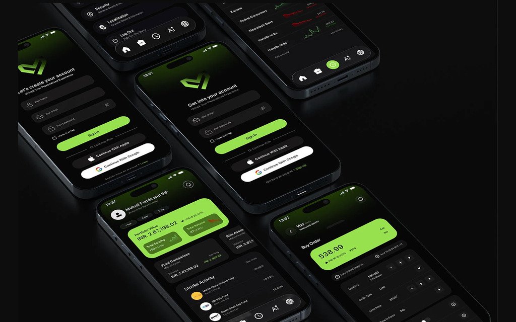 TradeX screens on phones: create account and sign in with Google or Apple, settings, a stock list, mutual funds and SIP, and a buy order screen.