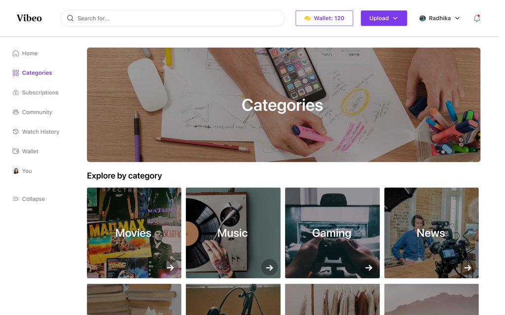 Categories page with a banner and tiles for movies, music, gaming, news, education, podcasts, fashion, travel, comedy, health and sport.