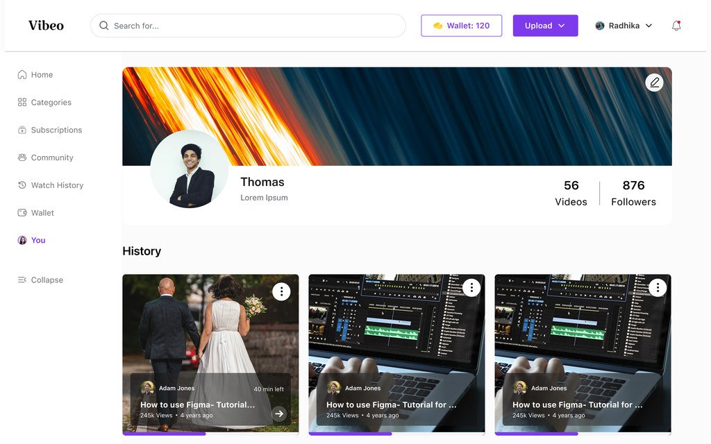 A creator channel with a cover image, video and follower counts, and rows for history, playlists and liked videos.