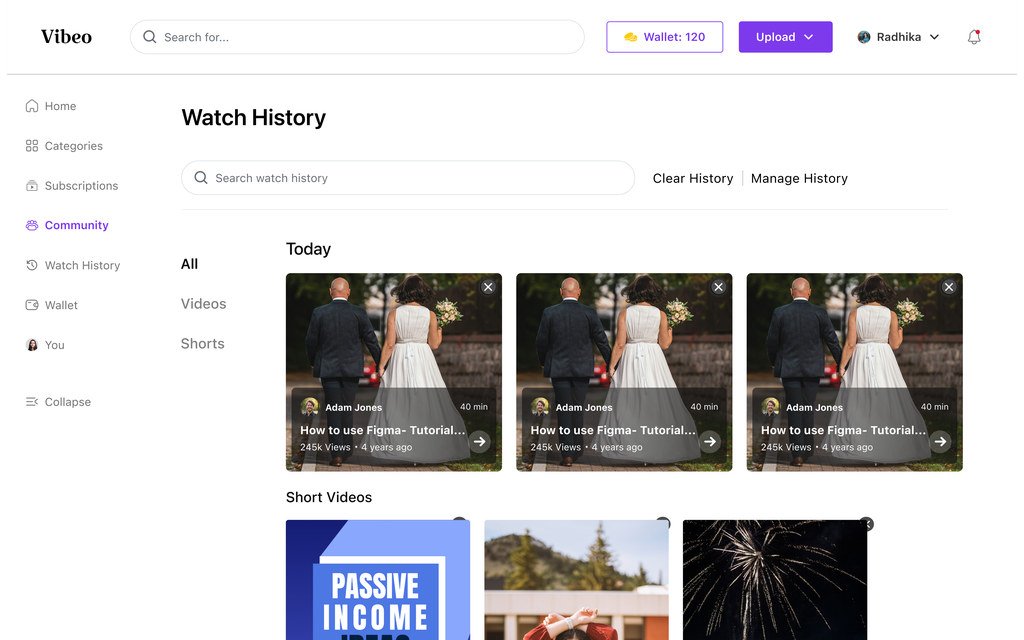 Watch history grouped by today and yesterday, with short videos in their own row and controls to clear or manage history.