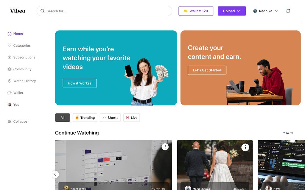 The Vibeo home feed with two promotional cards, filters for all, trending, shorts and live, and a continue watching row.