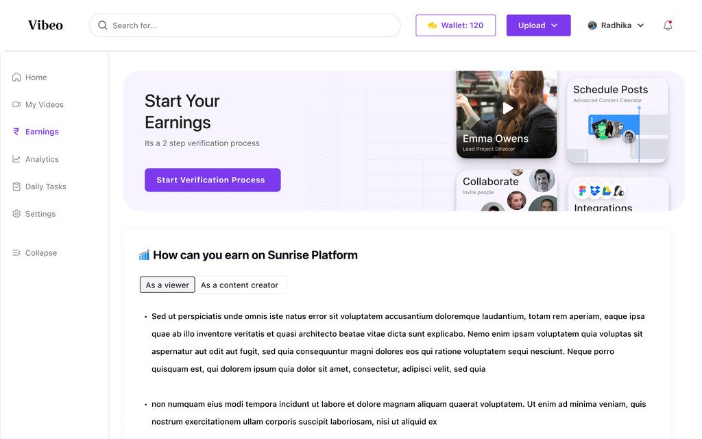 Start your earnings screen with a two-step verification process and an explanation of how earning works as a viewer or a creator.