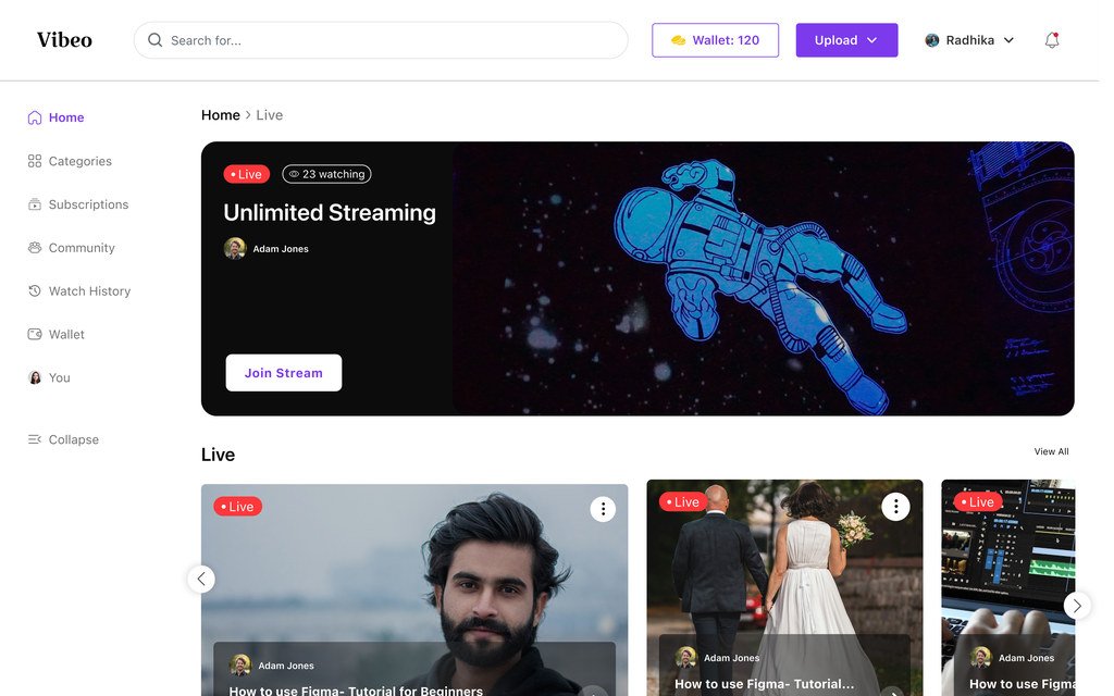 Live page with a featured stream and a join button, then rows of live and sports streams.