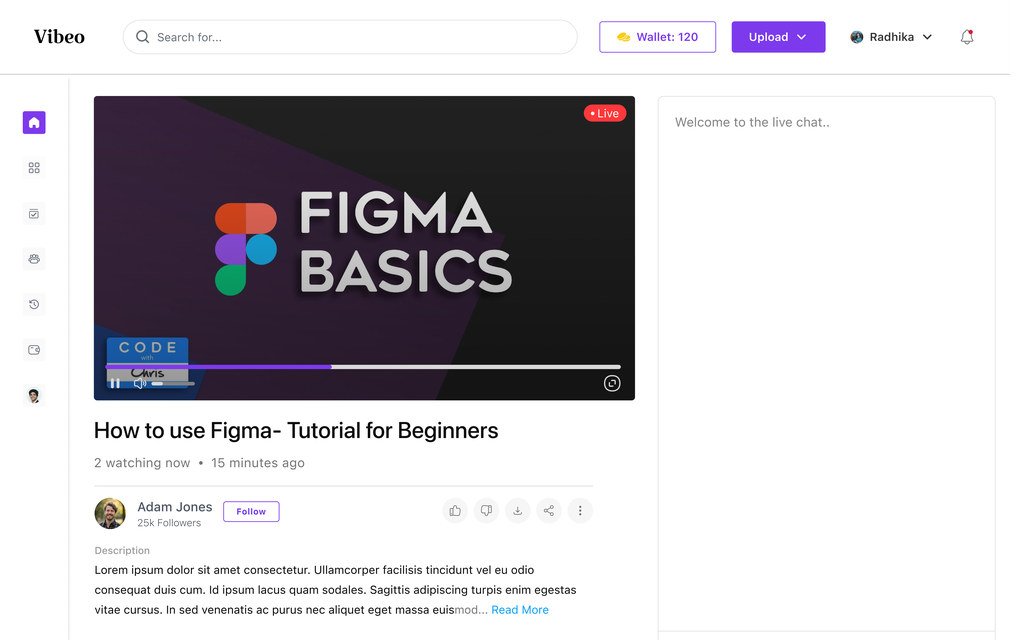 A live stream with the chat panel in place of the comments, and messages arriving as the video plays.