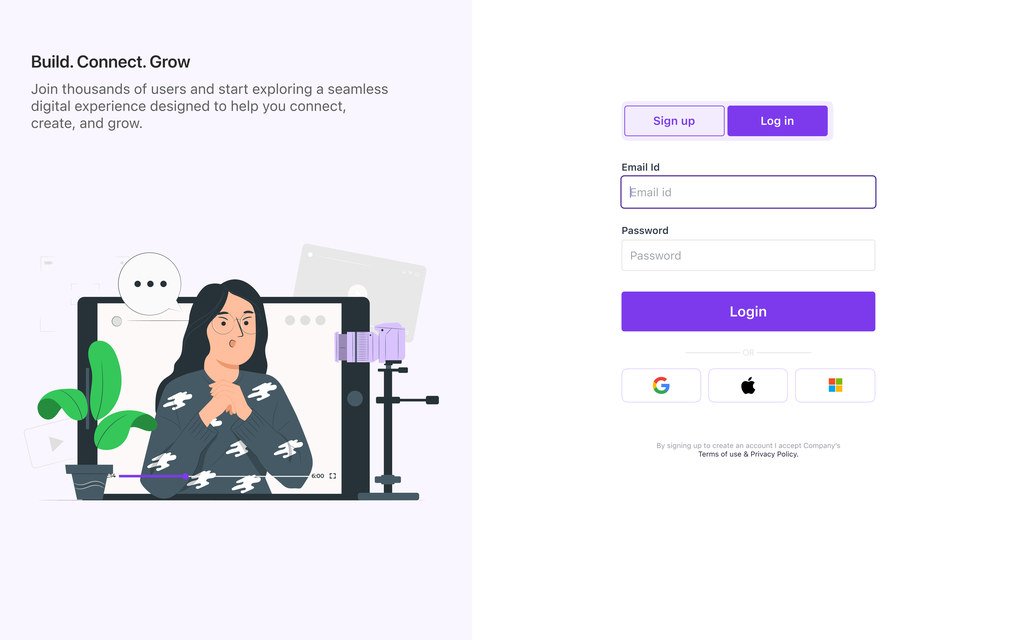 Log-in screen with email and password, and Google, Apple and Microsoft alternatives.