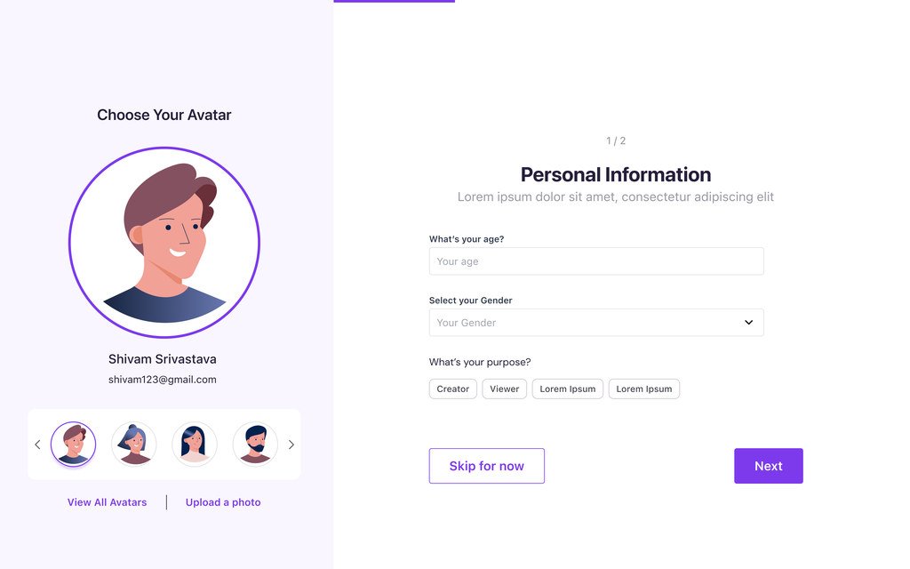 Onboarding with an avatar carousel beside a personal information form asking age, gender and purpose.