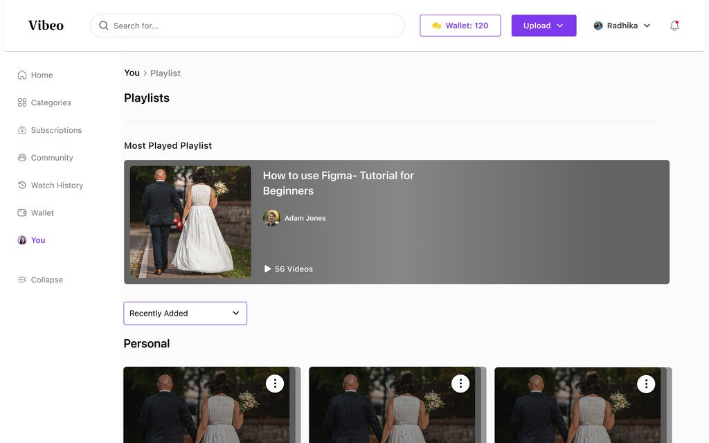 Playlists page with the most played playlist at the top and personal playlists underneath.