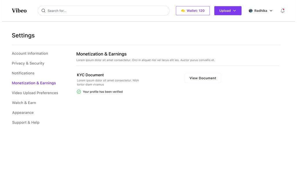 Settings on monetisation and earnings, showing the KYC document with a verified profile.