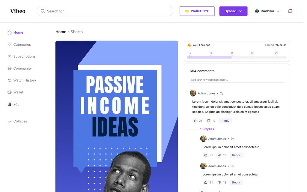 Shorts page with a vertical video, its comment thread and the earnings meter beside it.
