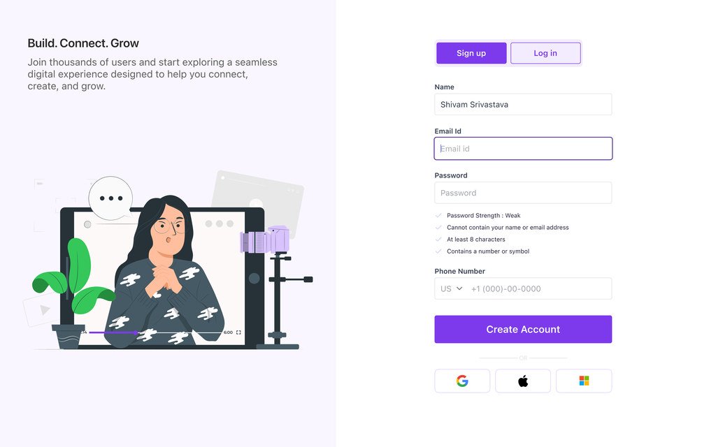 Sign-up screen with name, email, a password field listing its rules, and a phone number.