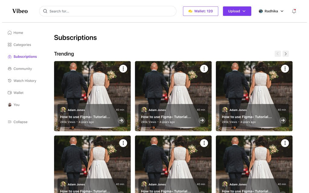 Subscriptions page with a trending row followed by rows of recent videos from each channel.