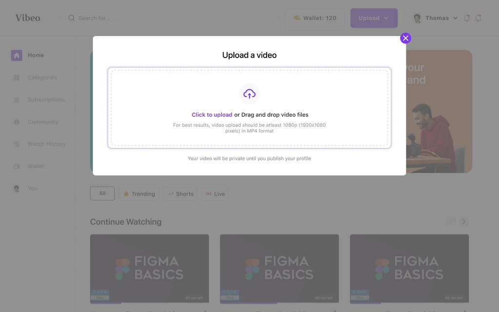 Upload dialog with a drop area, and the accepted resolution and file format written under it.