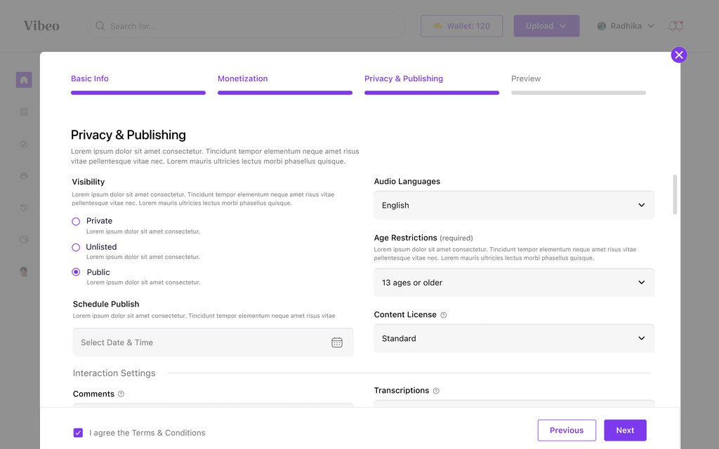 Upload step three with visibility, scheduled publishing, audio languages, age restrictions, content licence and comment settings.